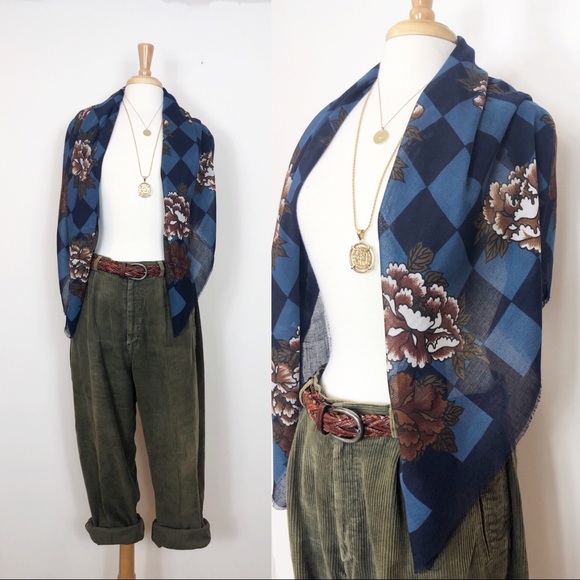 Vintage Accessories - Vintage Italian Scarf / Wrap • Floral Checkerboard